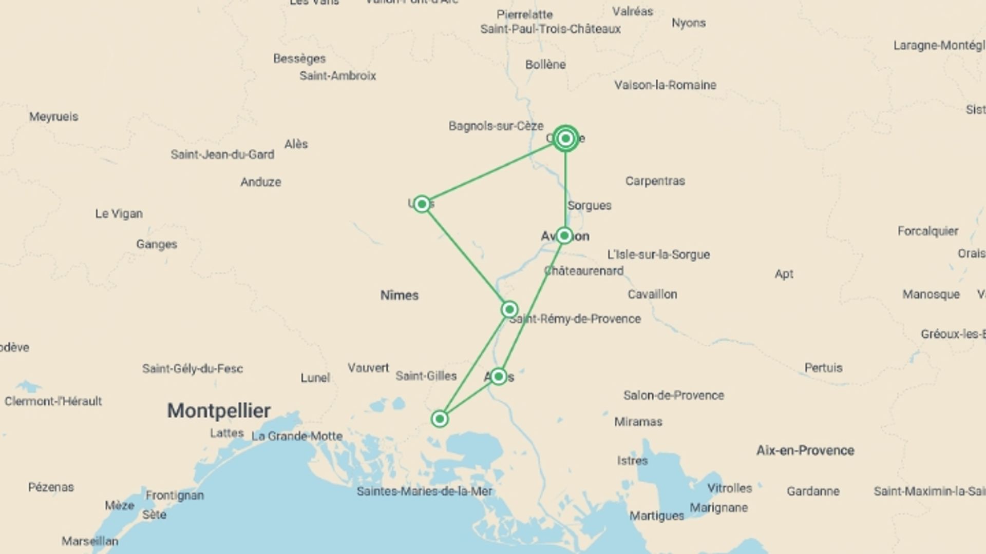 A map showing the tour itinerary for the trip: Highlights of Provence by Bike, starting in Orange, France and ending in Orange, France going through 6 other destinations.