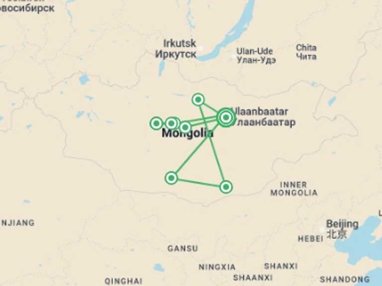 Map of East Asia Bicycle Tour with 9 destination visits for the trip: Cycling in Mongolia - Naadam Festival