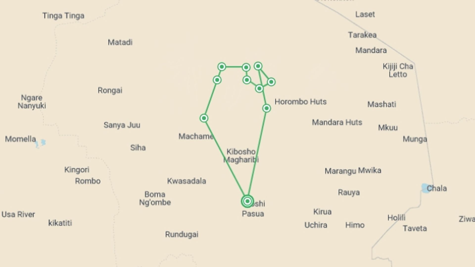A map showing the tour itinerary for the trip: Seven-Day Kilimanjaro Climb: Machame Route , starting in Moshi, Tanzania and ending in Moshi, Tanzania going through 8 other destinations.
