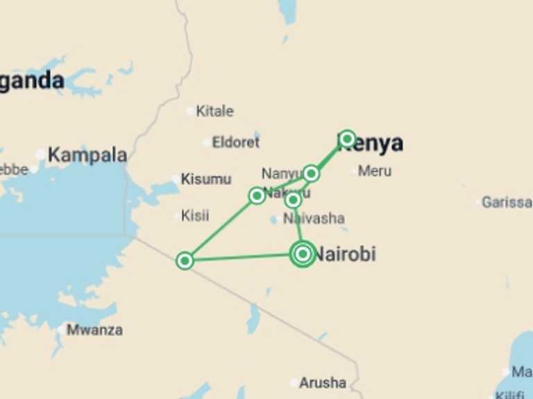 Map itinerary of Africa Tour in April 2027 with 6 destination visits for the trip: Wonders of Kenya
