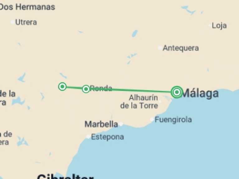 Map itinerary of Malaga Tour in April 2026 with 2 destination visits for the trip: Spain Express: Malaga and Seville