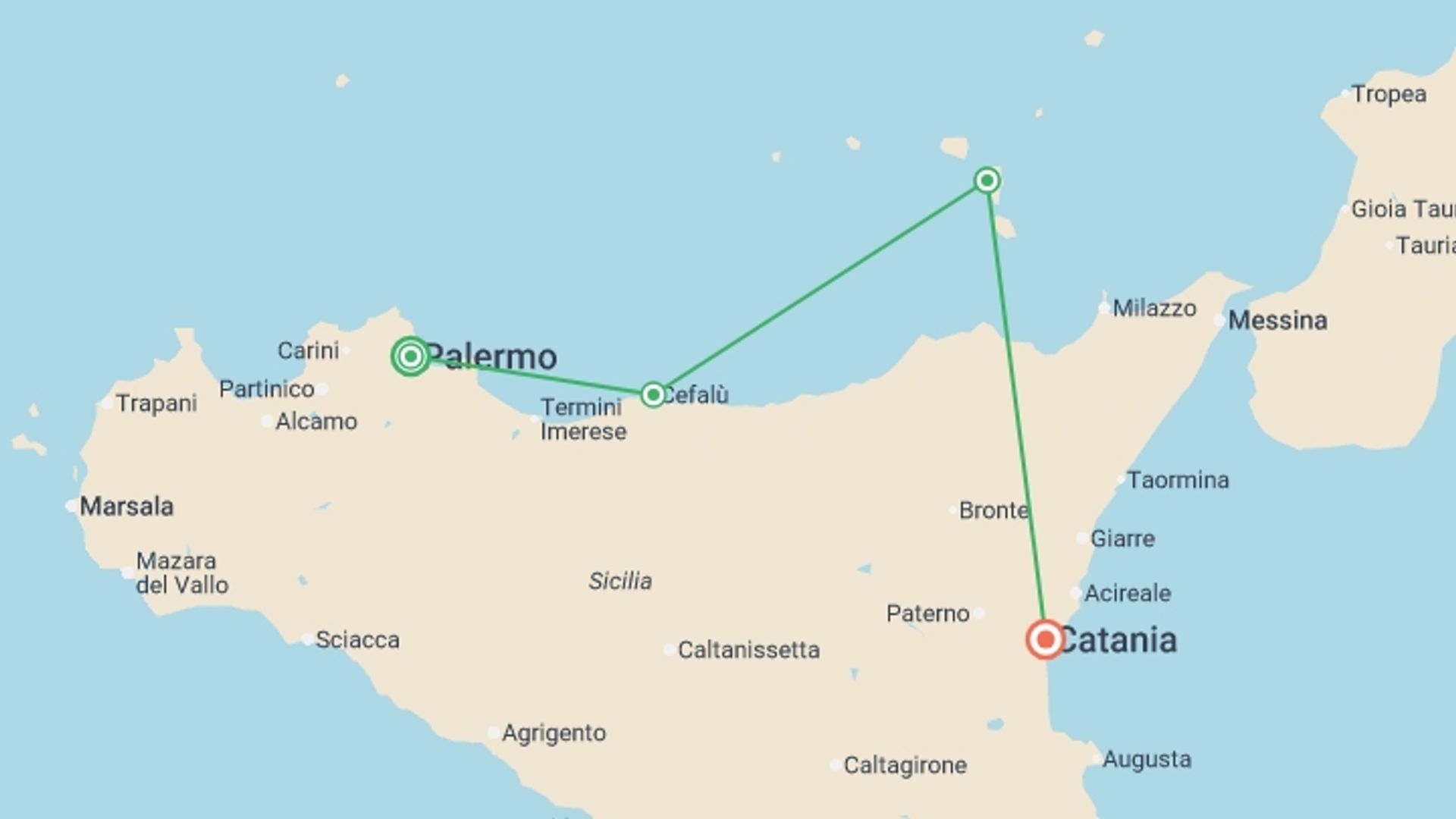 A map showing the tour itinerary for the trip: Northern Sicily: Islands & Volcanoes, starting in Palermo, Italy and ending in Catania, Italy going through 2 other destinations.