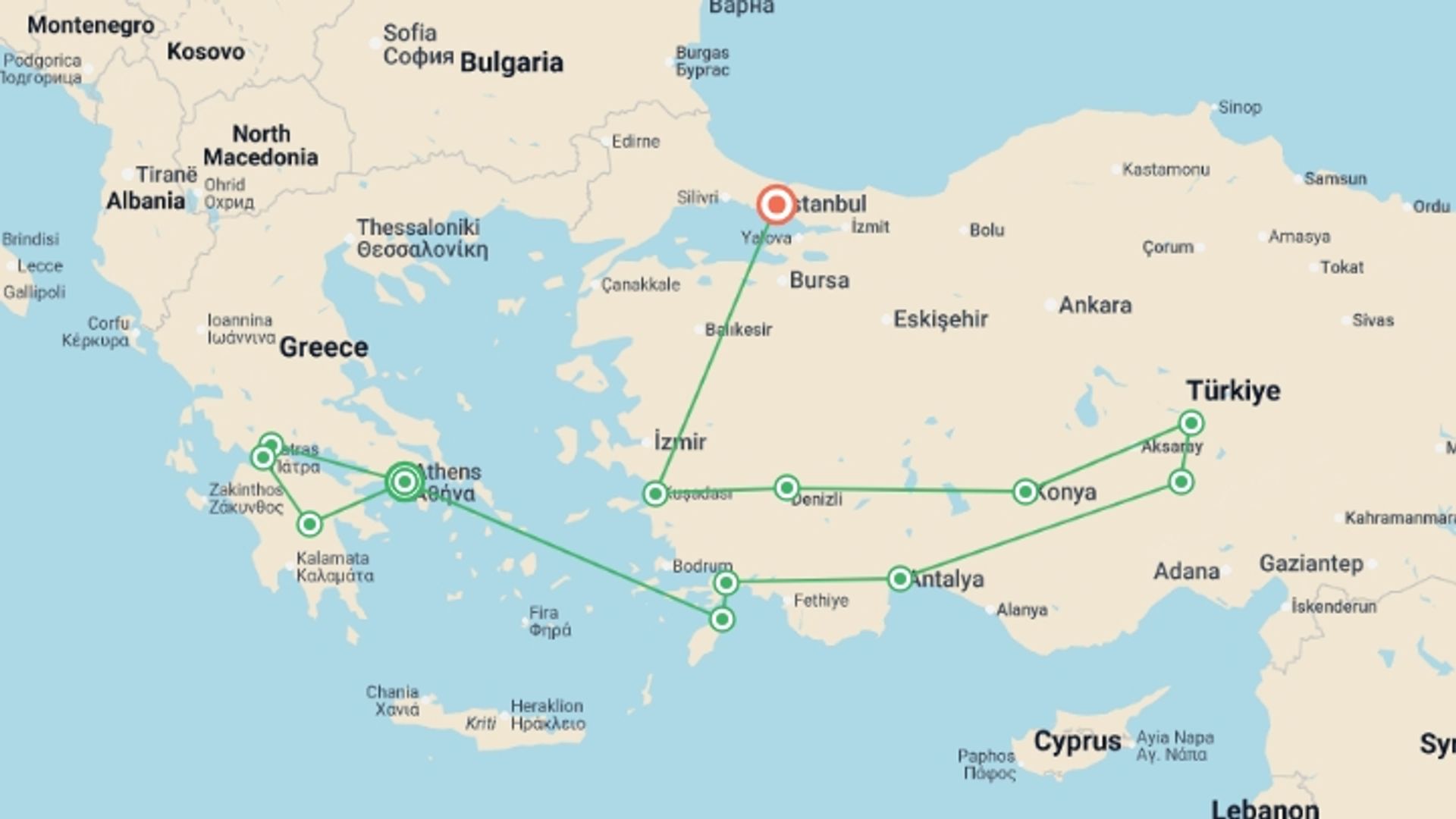 A map showing the tour itinerary for the trip: Athens, Peloponnese and Turkish Tour, starting in Athens, Greece and ending in Istanbul, Turkey going through 9 other destinations.
