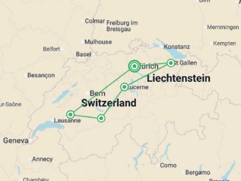Map of 8-Day Europe Tour with 6 destination visits for the trip: Best of Switzerland
