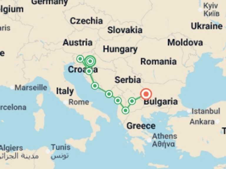 Map of Mediterranean Tour with 9 destination visits for the trip: Wonders of Balkans