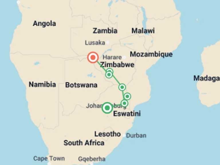 Map of Pretoria Explorer Tour with 6 destination visits for the trip: 7-day Kruger to Victoria Falls Accommodated