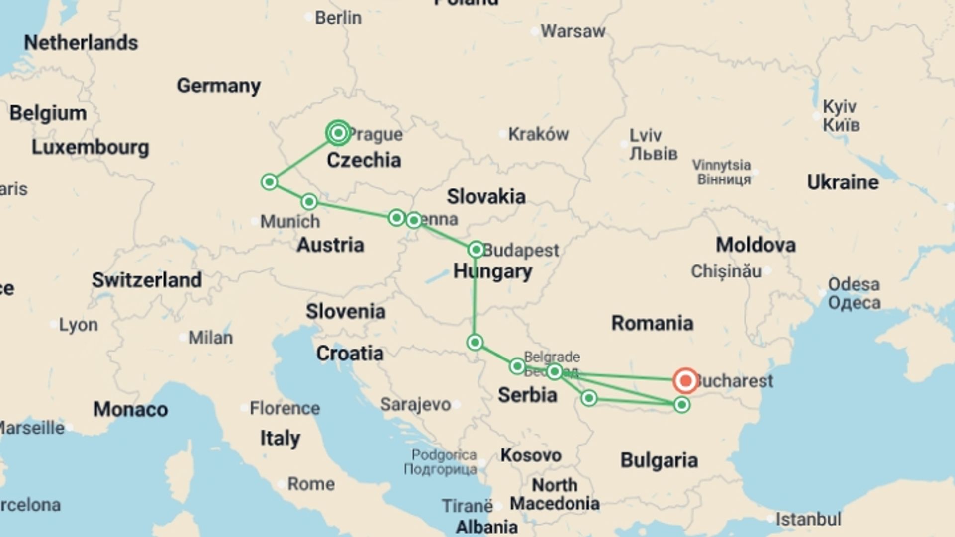 A map showing the tour itinerary for the trip: Portraits of Eastern Europe (2027), starting in Prague, Czech Republic and ending in Bucharest, Romania going through 10 other destinations.