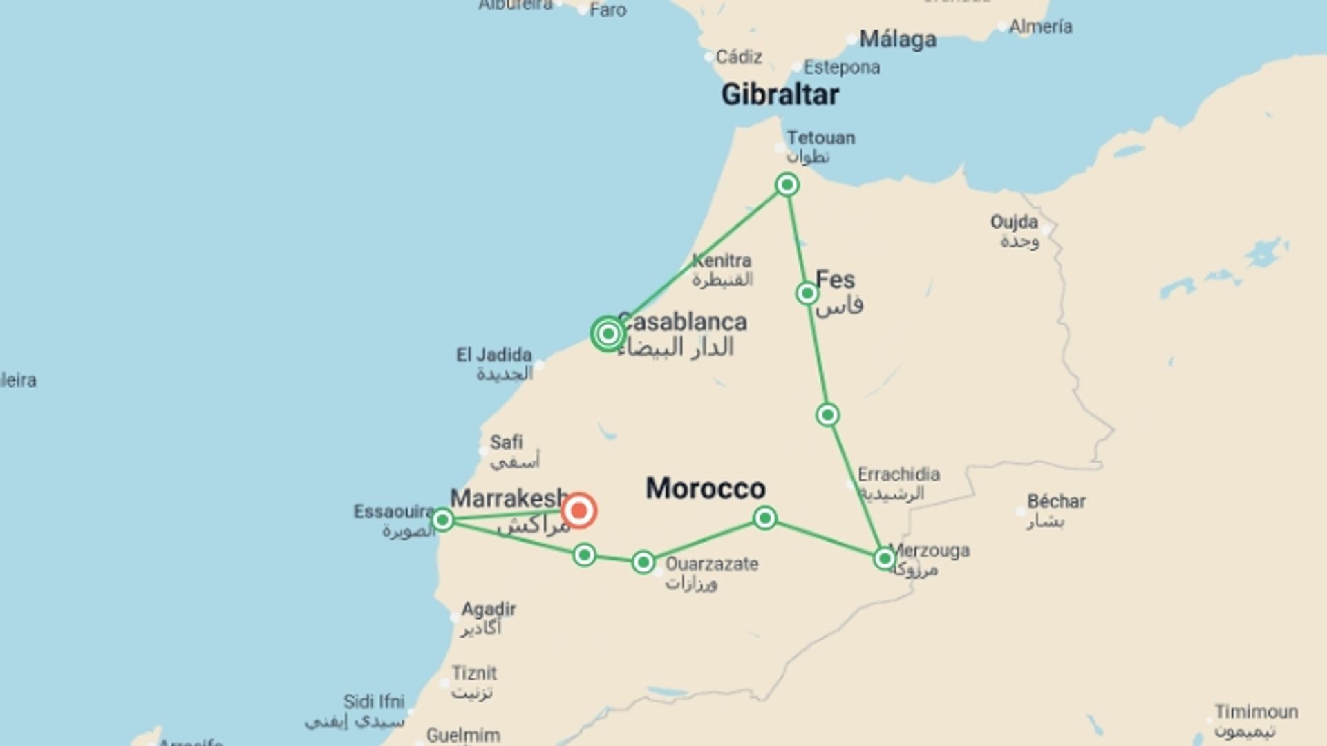A map showing the tour itinerary for the trip: Best of Morocco, starting in Casablanca, Morocco and ending in Marrakech, Morocco going through 8 other destinations.