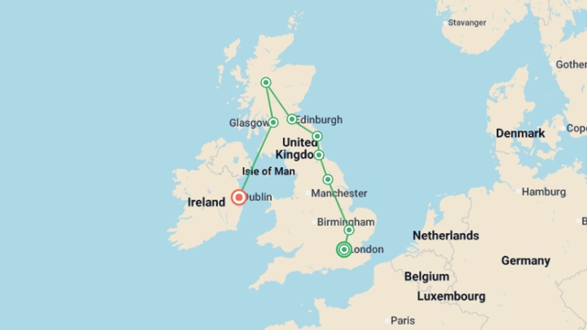 A map showing the tour itinerary for the trip: Aonghus Youth, starting in London, England and ending in Dublin, Ireland going through 3 other destinations.