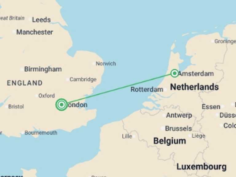 Map itinerary of London Tour in December 2026 with 2 destination visits for the trip: Amsterdam for Christmas