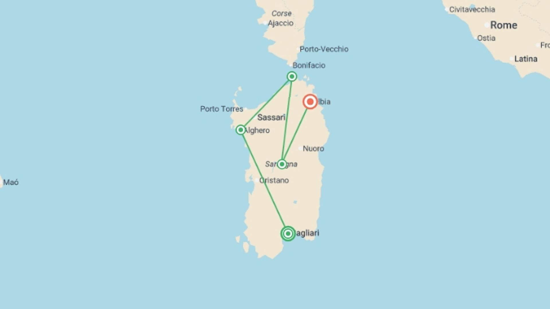 A map showing the tour itinerary for the trip: Escape to Sardinia - 8 days, starting in Cagliari, Italy and ending in Olbia, Italy going through 4 other destinations.