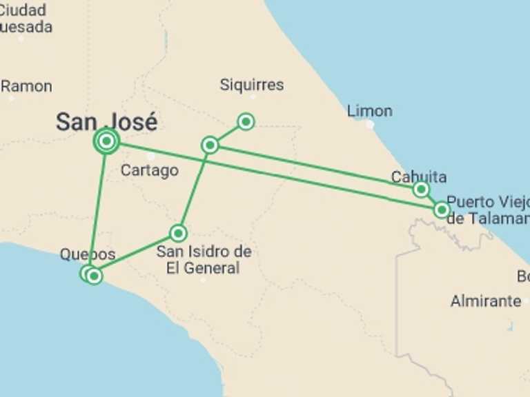 Map of 10-Day San Jose Tour with 7 destination visits for the trip: Caribbean To Pacific