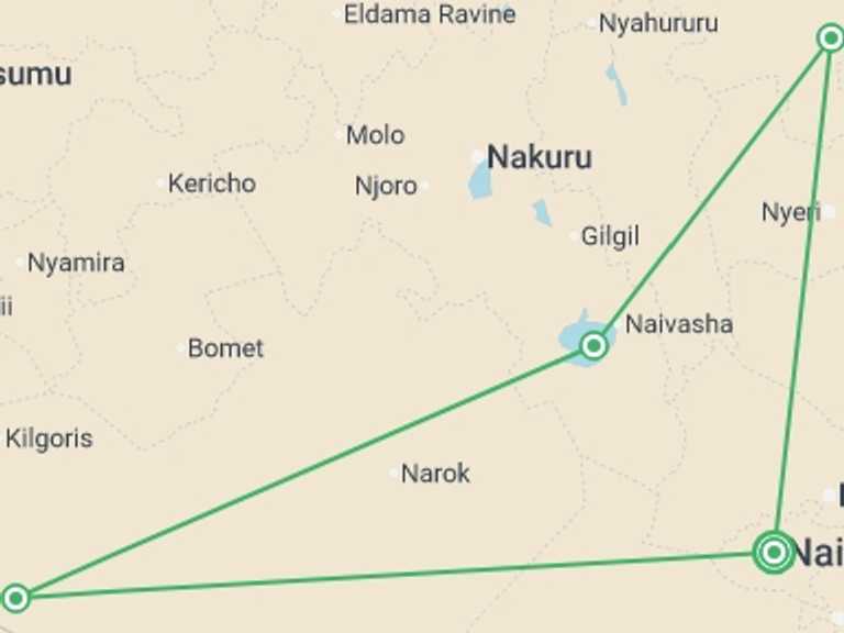 Map itinerary of Africa Tour in June 2027 with 4 destination visits for the trip: Kenya Safari with Maasai Mara - Small Group