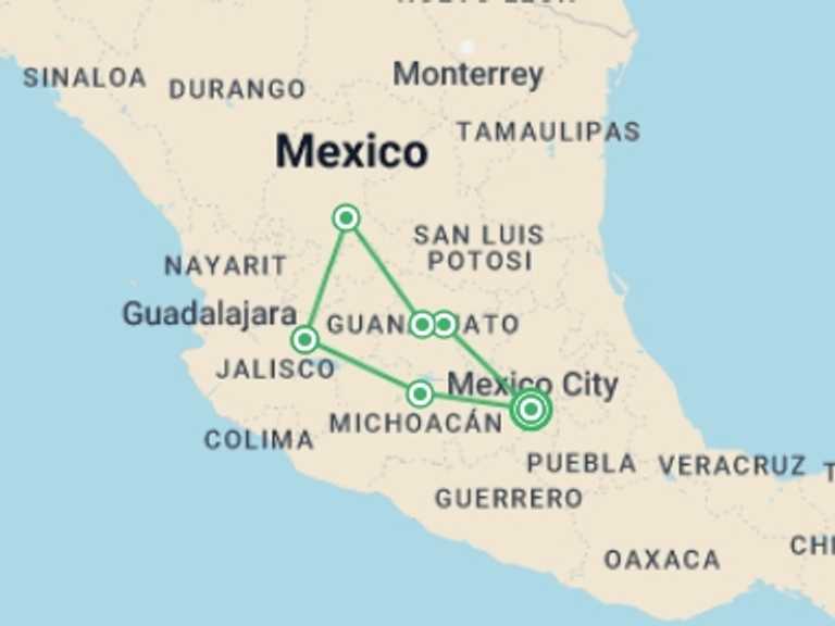 Map itinerary of Mexico Tour in November 2025 with 6 destination visits for the trip: Colonial Treasures Of Mexico