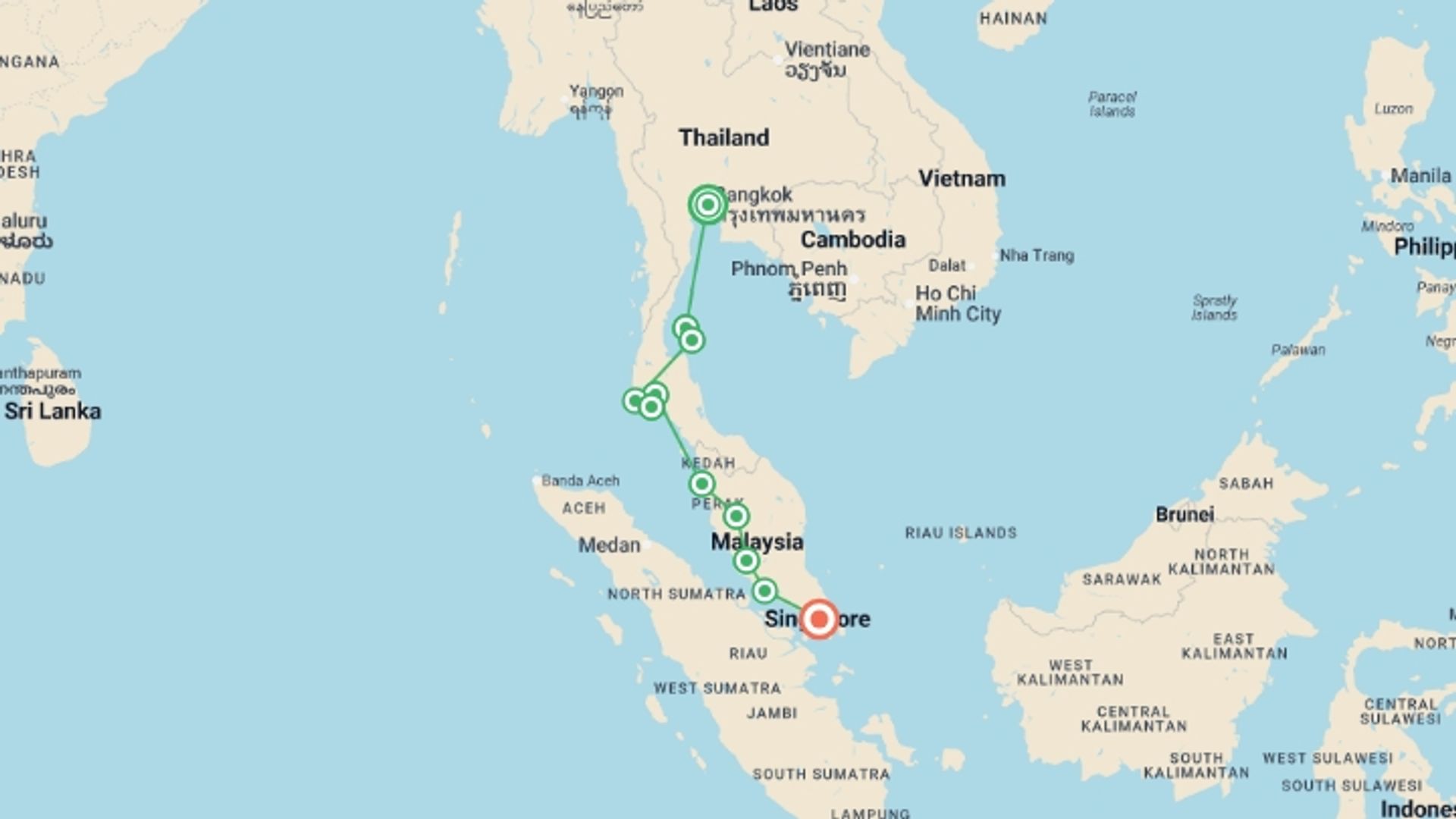 A map showing the tour itinerary for the trip: Bangkok to Singapore Travel Pass, starting in Bangkok, Thailand and ending in Singapore, Singapore going through 9 other destinations.