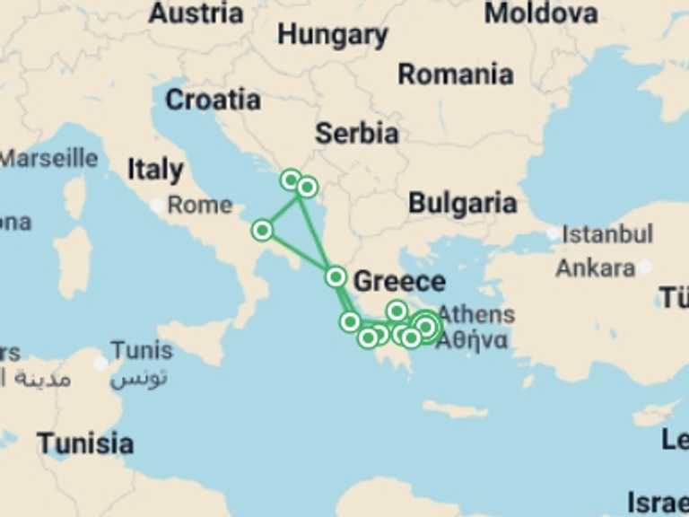 Map of Mediterranean Tour with 9 destination visits for the trip: Gems of Greece & Adriatic Cruise - 13 days