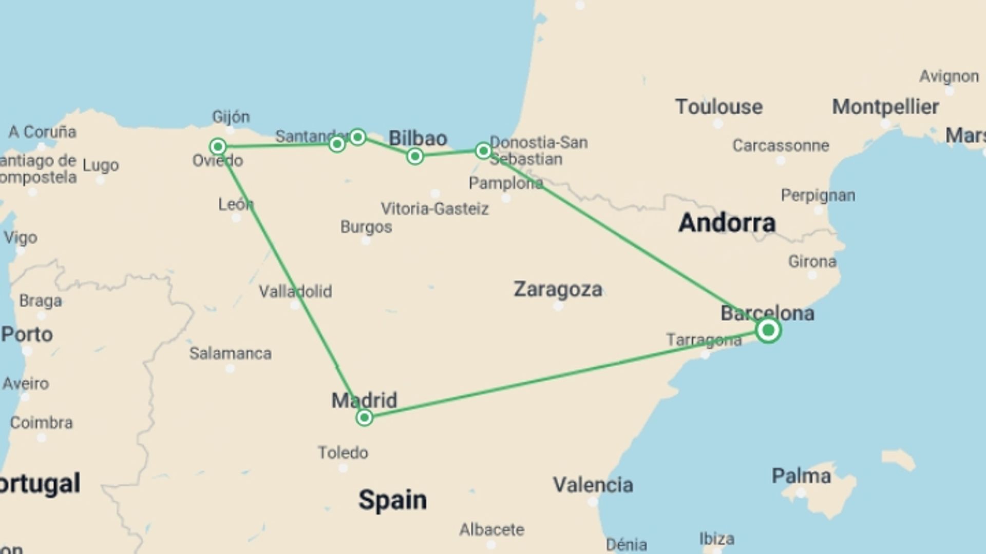 A map showing the tour itinerary for the trip: 4 Day Guided Tour Basque Country And Oviedo From Barcelona, starting in Barcelona, Spain and ending in Barcelona, Spain going through 4 other destinations.
