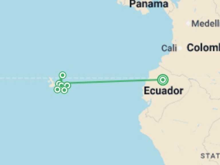 Map itinerary of Quito Tour in September 2025 with 7 destination visits for the trip: Ultimate Galapagos - 10 days