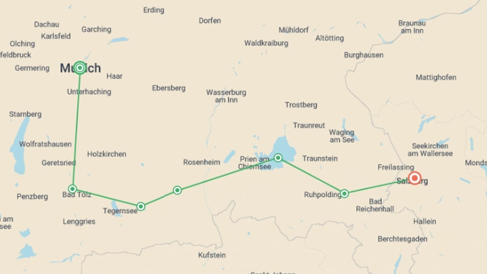 A map showing the tour itinerary for the trip: Munich to Salzburg Cycle, starting in Munich, Germany and ending in Salzburg, Austria going through 5 other destinations.