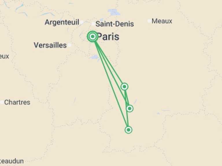 Map itinerary of Mediterranean Tour in July 2026 with 4 destination visits for the trip: Paris and the Seine Valley Bike and Barge