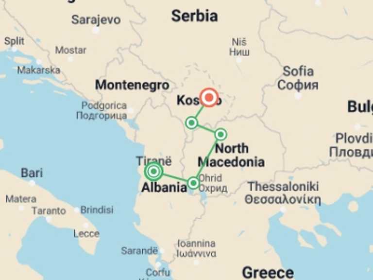 Map of Tirana Explorer Tour with 5 destination visits for the trip: Kosovo & Macedonia Adventure: Tirana to Pristina