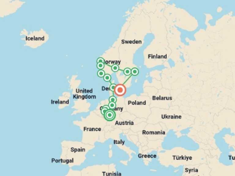 Map of Europe Tour with 9 destination visits for the trip: Beautiful Views End Copenhagen