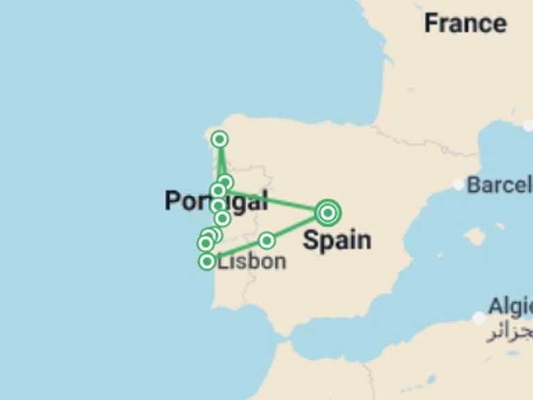 Map itinerary of Mediterranean Tour in July 2026 with 4 destination visits for the trip: Portuguese Fado