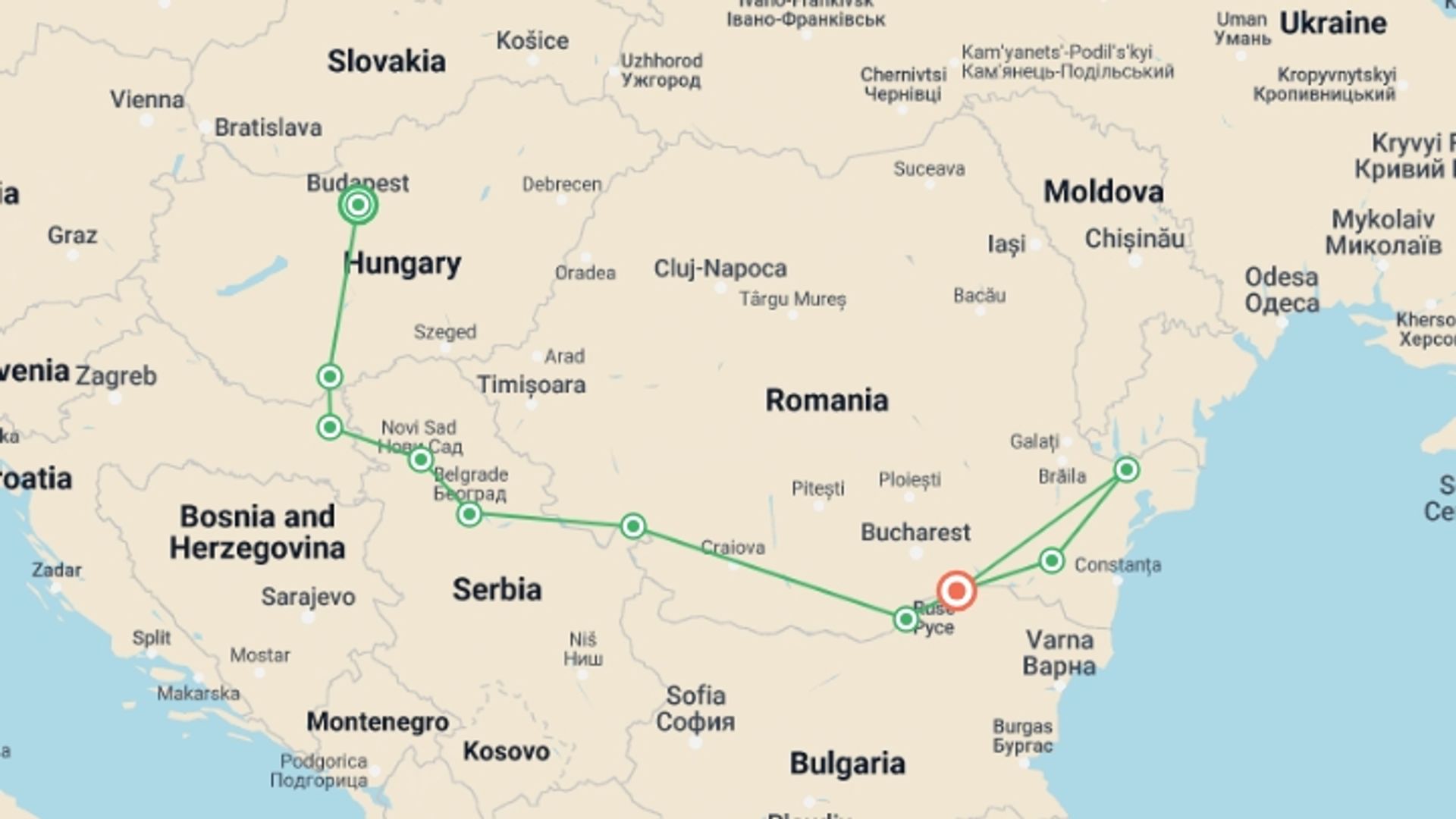 A map showing the tour itinerary for the trip: Along the river Danube, Budapestand  the Balkan peninsula (port-to-port cruise), starting in Budapest, Hungary and ending in Oltnenita, Romania going through 7 other destinations.