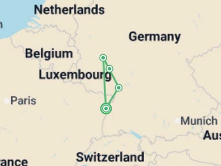 Map of France Tour with 4 destination visits for the trip: The Romantic Rhine Valley and the Rock of Lorelei (port-to-port cruise)
