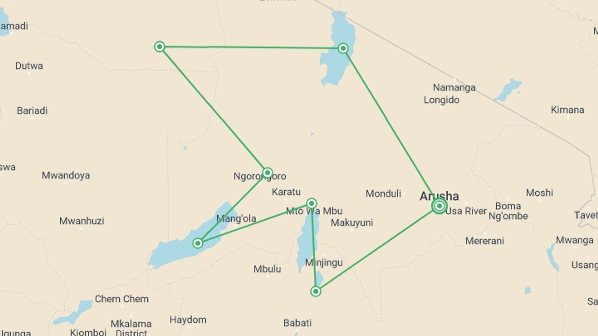 A map showing the tour itinerary for the trip: Eight-Day Tanzania Safari, starting in Arusha, Tanzania and ending in Arusha, Tanzania going through 6 other destinations.