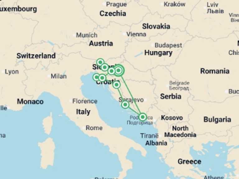 Map of Europe Tour with 6 destination visits for the trip: Discover Croatia, Slovenia and the Adriatic Coast 