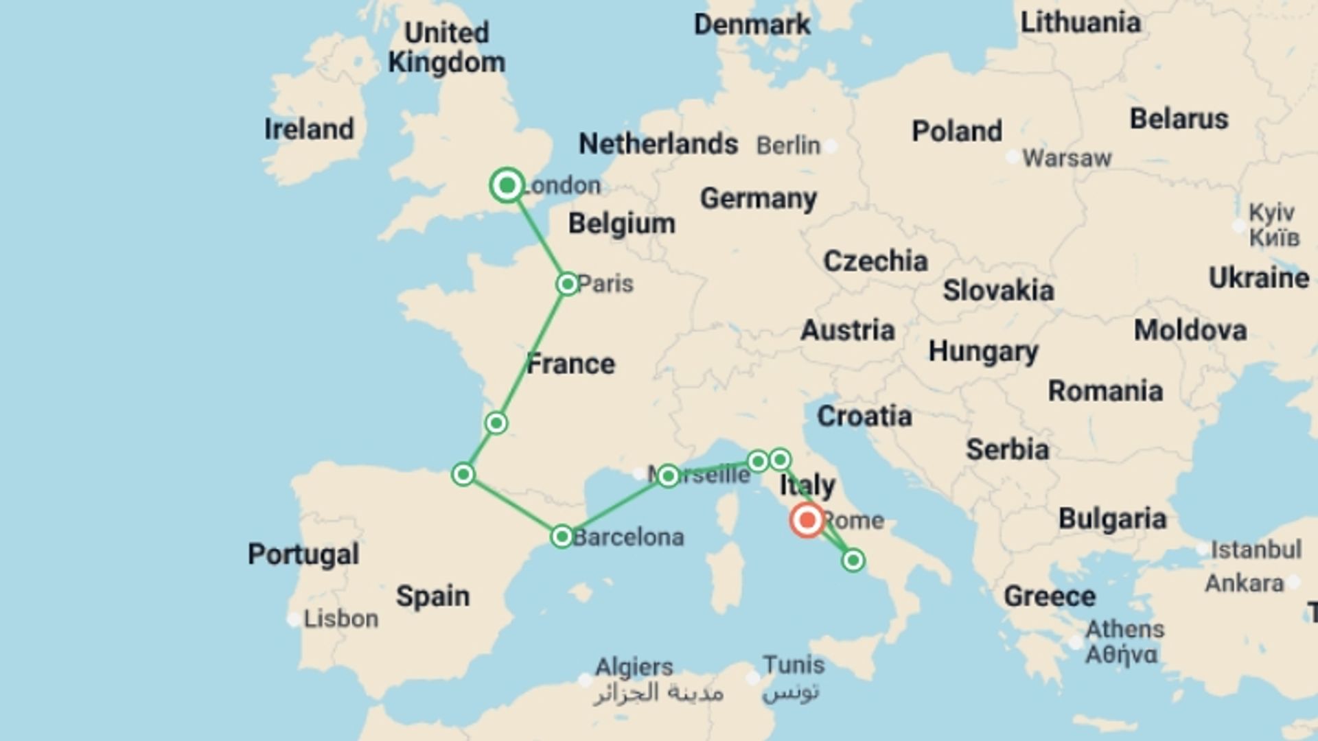 A map showing the tour itinerary for the trip: London to Rome Quest, starting in London, England and ending in Rome, Italy going through 10 other destinations.