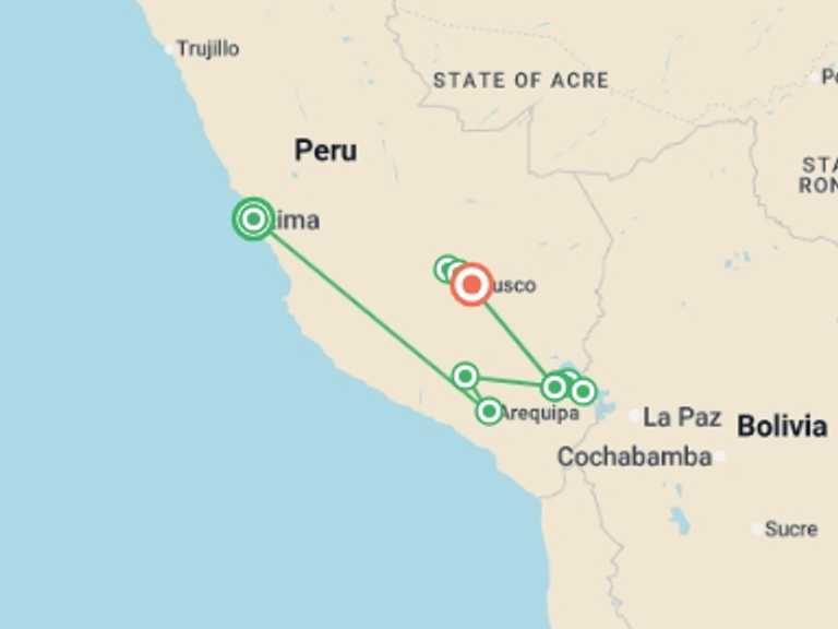 Map itinerary of South America Tour in September 2026 with 5 destination visits for the trip: Living Peru