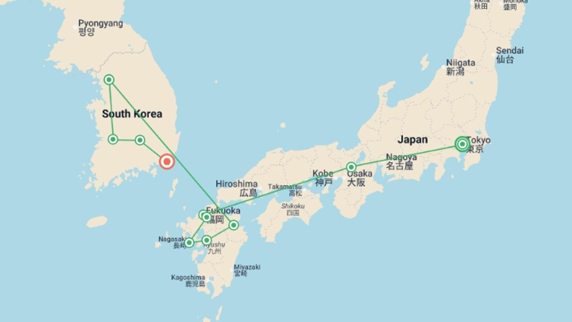 A map showing the tour itinerary for the trip: Dreamed Japan with Kyushu Island and Express Korea, starting in Tokyo, Japan and ending in Busan, South Korea going through 7 other destinations.