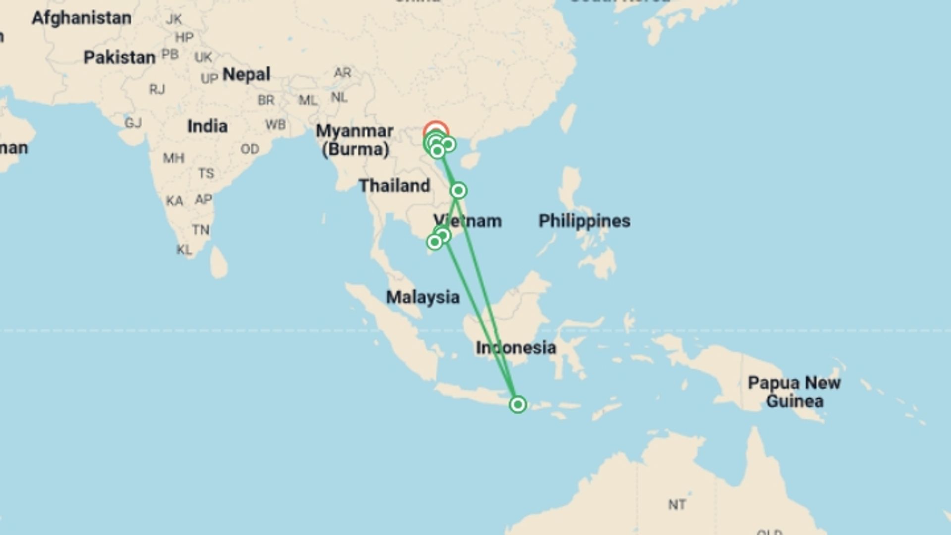 A map showing the tour itinerary for the trip: Tranquil Vietnam and Bali in 15 Days , starting in Hanoi, Vietnam and ending in Bac Kan, Vietnam going through 8 other destinations.