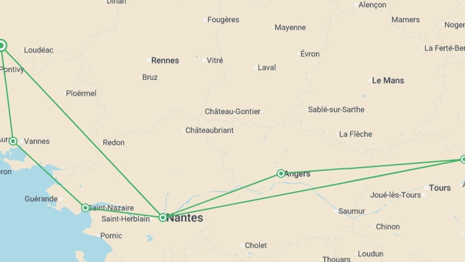 A map showing the tour itinerary for the trip: Beautiful Brittany and Royal Opulence in the Loire (port-to-port cruise), starting in Brittany, France and ending in Brittany, France going through 6 other destinations.