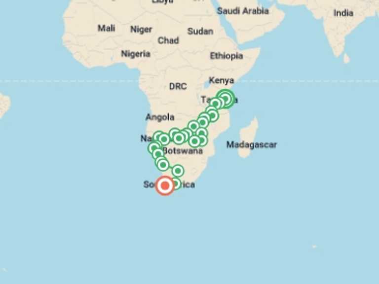 Map itinerary of Southern Africa Tour in September 2026 with 26 destination visits for the trip: Zanzibar to Cape Town