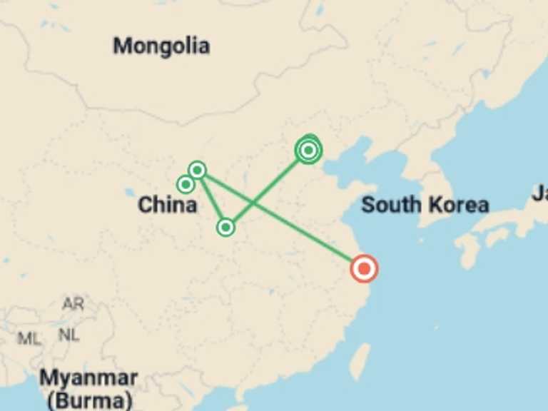 Map itinerary of Asia Tour in May 2026 with 5 destination visits for the trip: Mysteries of China (4-5 Star) - 12 days