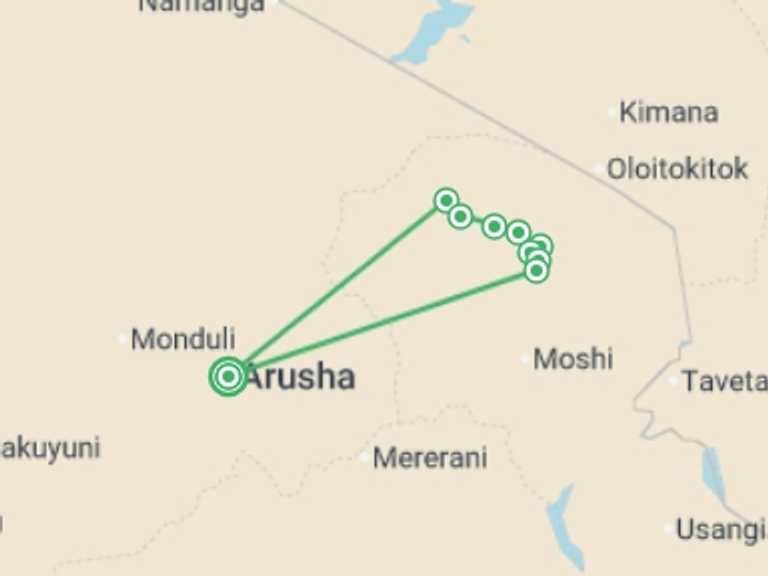 Map of Africa Tour with 9 destination visits for the trip: Kilimanjaro - Lemosho Route