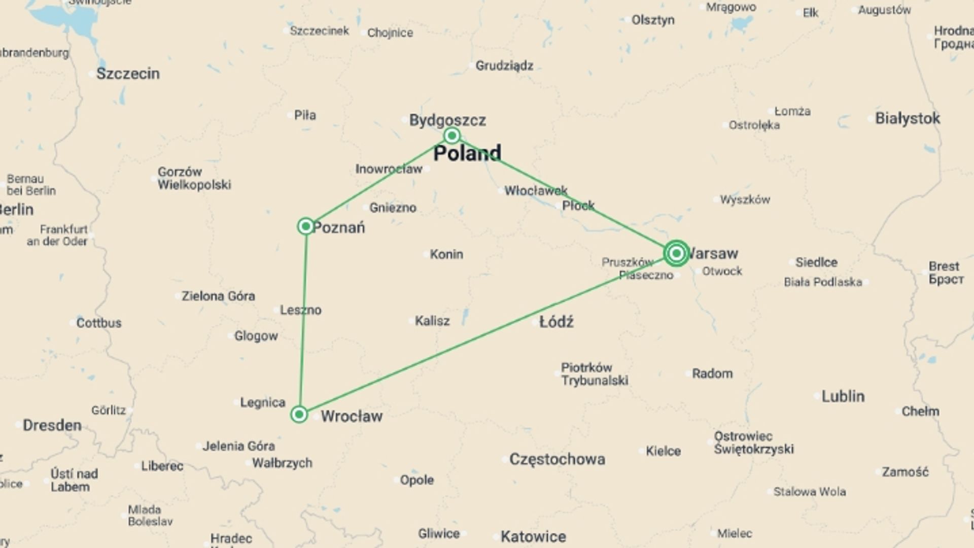 A map showing the tour itinerary for the trip: Essential Poland, starting in Warsaw, Poland and ending in Warsaw, Poland going through 1 other destinations.