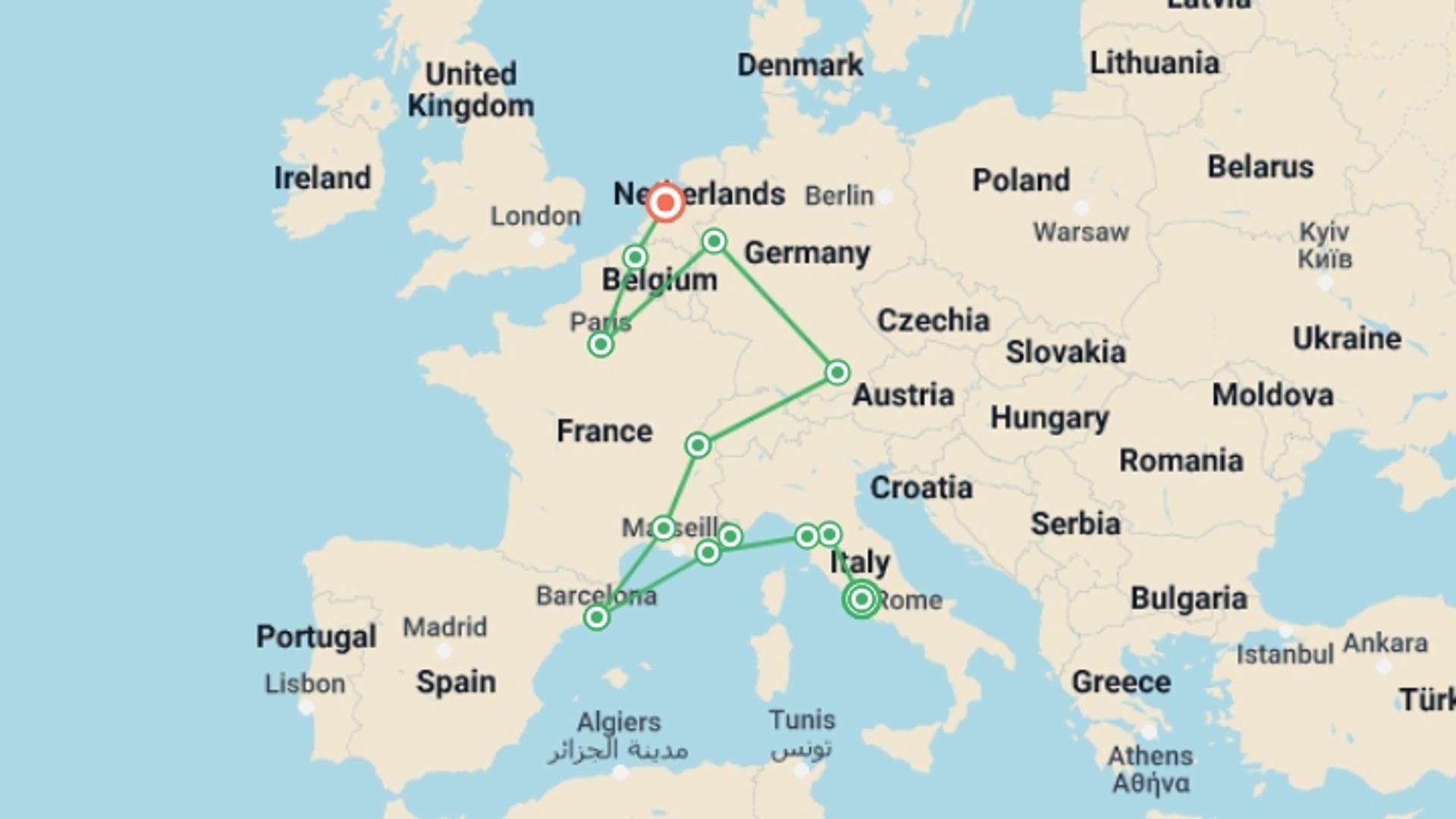 A map showing the tour itinerary for the trip: Western Adventure, starting in Rome, Italy and ending in Amsterdam, Holland going through 9 other destinations.