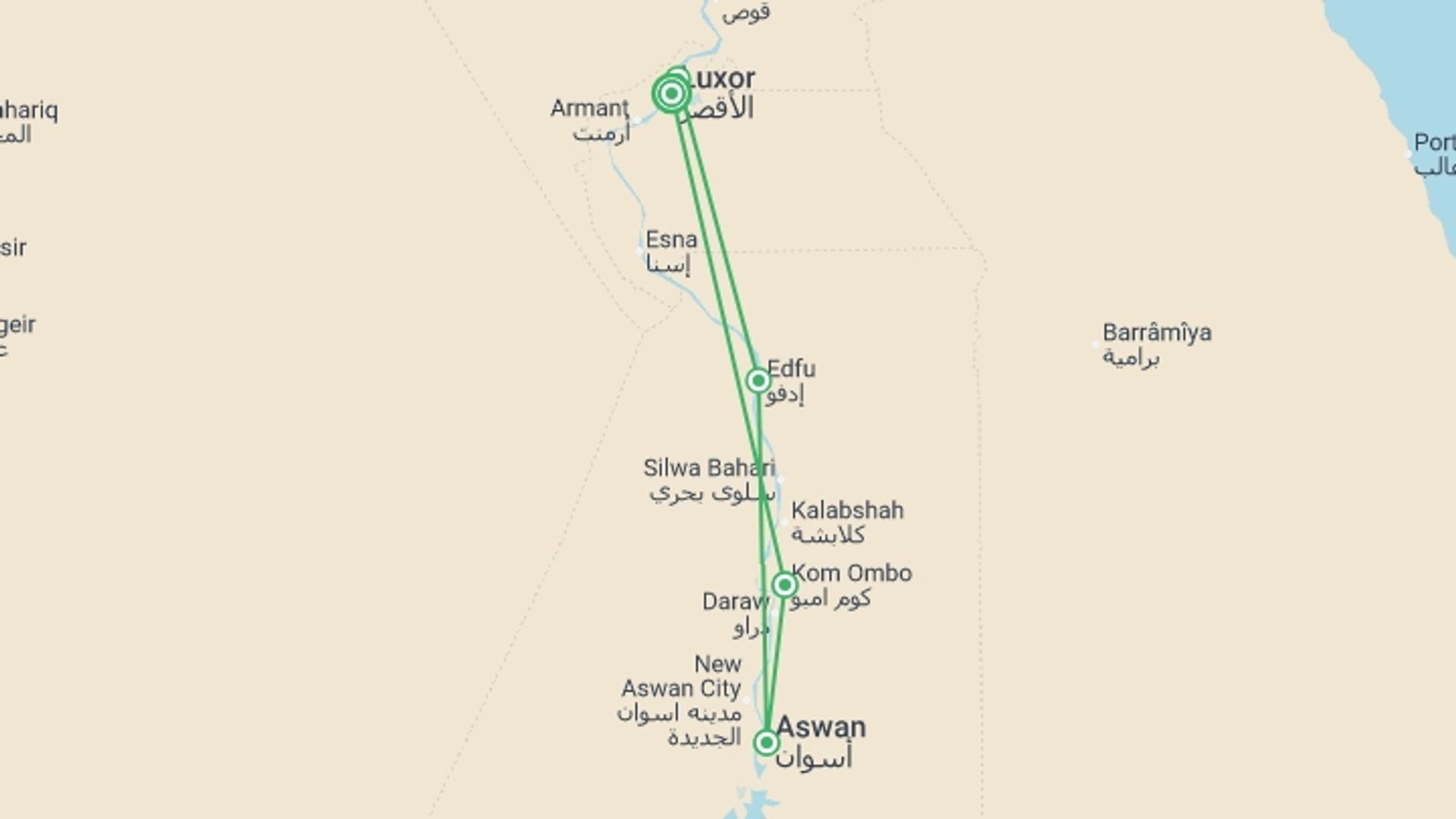 A map showing the tour itinerary for the trip: Cruise on the Nile: The Land of the Pharaohs (port-to-port cruise), starting in Luxor, Egypt and ending in Luxor, Egypt going through 3 other destinations.