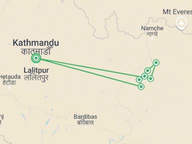 Map itinerary of Nepal Tour in Winter with 7 destination visits for the trip: Pikey Peak 9 days