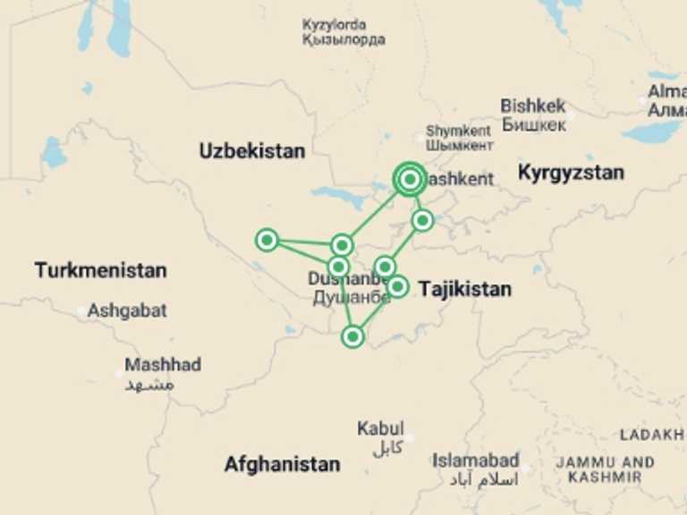 Map itinerary of Uzbekistan Tour in September 2025 with 8 destination visits for the trip: In the Footsteps of Alexander the Great