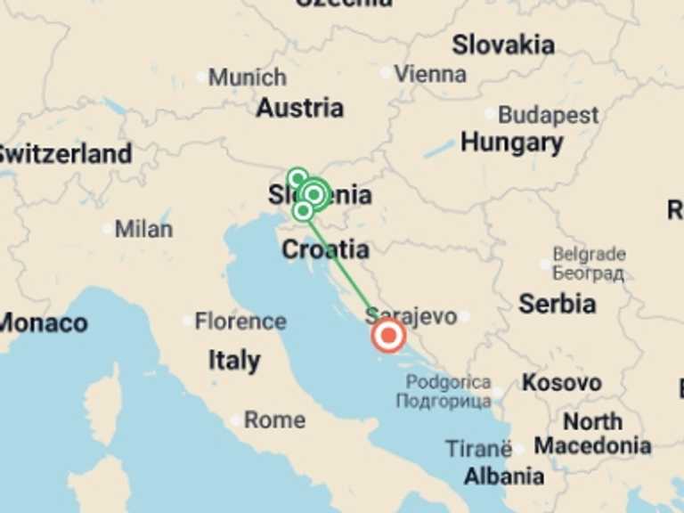 Map itinerary of Ljubljana Tour in June 2026 with 2 destination visits for the trip: Ljubljana to Split - 4 days
