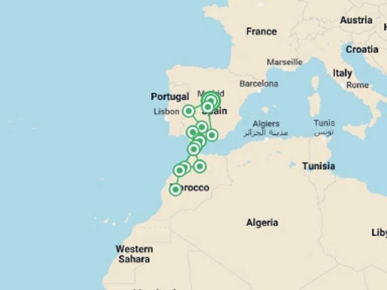 Map itinerary of Spain Tour in February 2026 with 8 destination visits for the trip: Spain & Morocco Signature
