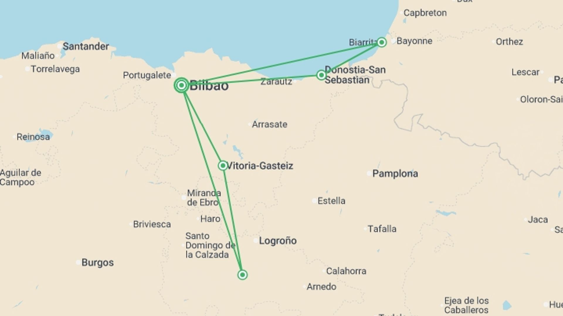 A map showing the tour itinerary for the trip: Best of Basque Country From Bilbao Superior - 7 days, starting in Bilbao, Spain and ending in Bilbao, Spain going through 2 other destinations.