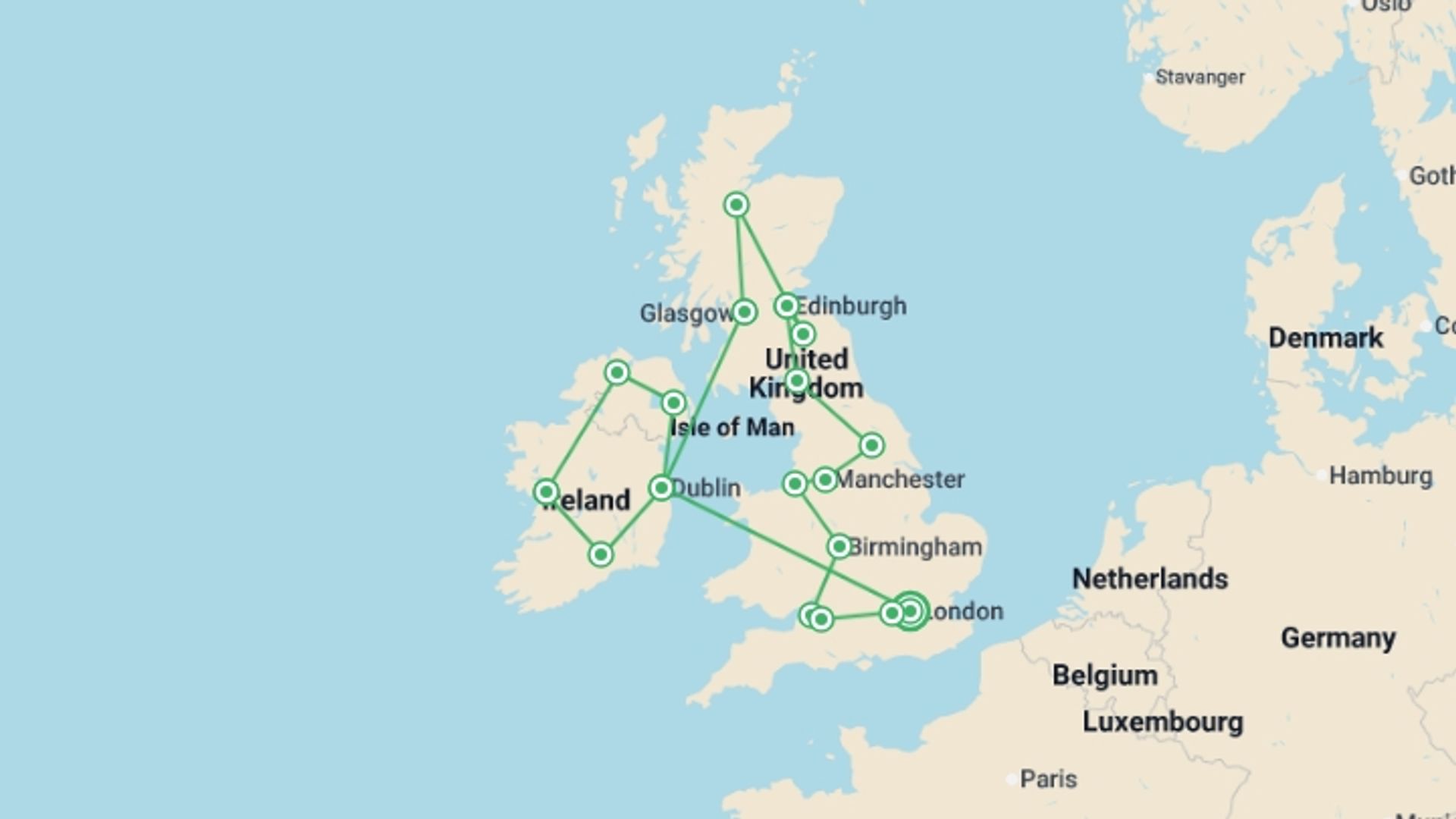 A map showing the tour itinerary for the trip: Great Britain and Ireland, starting in London, England and ending in London, England going through 9 other destinations.