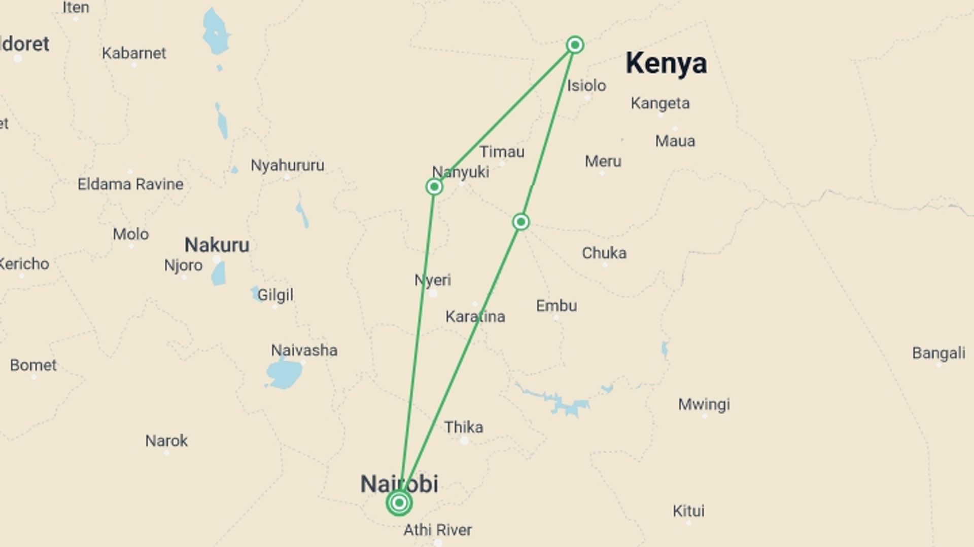 A map showing the tour itinerary for the trip: 5 Days 4 Nights Mt Kenya, Samburu, Olpejeta, starting in Nairobi, Kenya and ending in Nairobi, Kenya going through 3 other destinations.