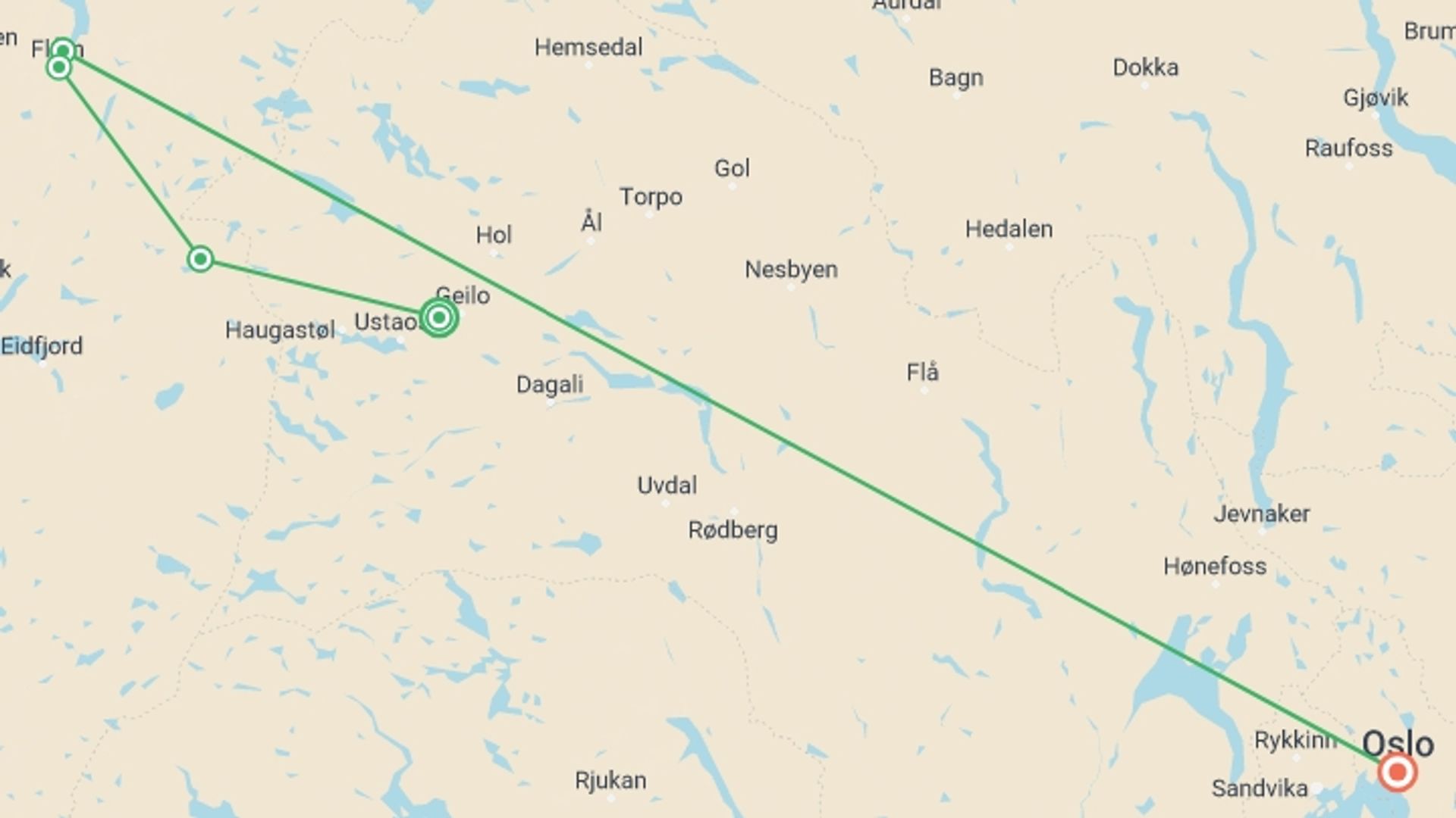 A map showing the tour itinerary for the trip: Hiking Norway's Fjordland, starting in Geilo, Norway and ending in Oslo, Norway going through 3 other destinations.